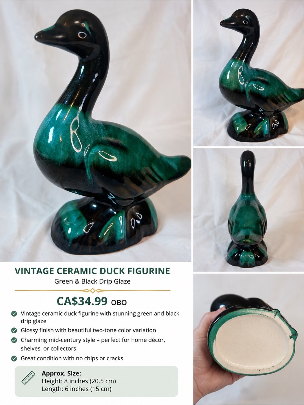 Vintage Green & Black Ceramic Duck Figurine